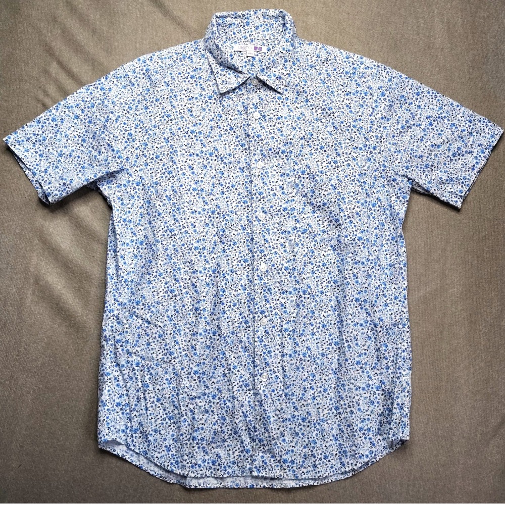 Uniqlo x Liberty of London Shirt Mens L Blue Ditsy Floral Short Sleeve Button Up - Picture 2 of 7